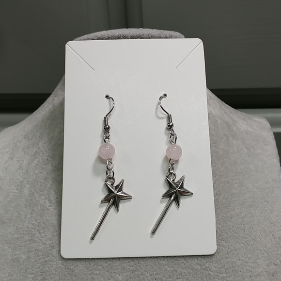 Magic Wand Earrings Natural Rose Quartz Gemstone Crystal Bead Stainless-Steel - Picture 11 of 12